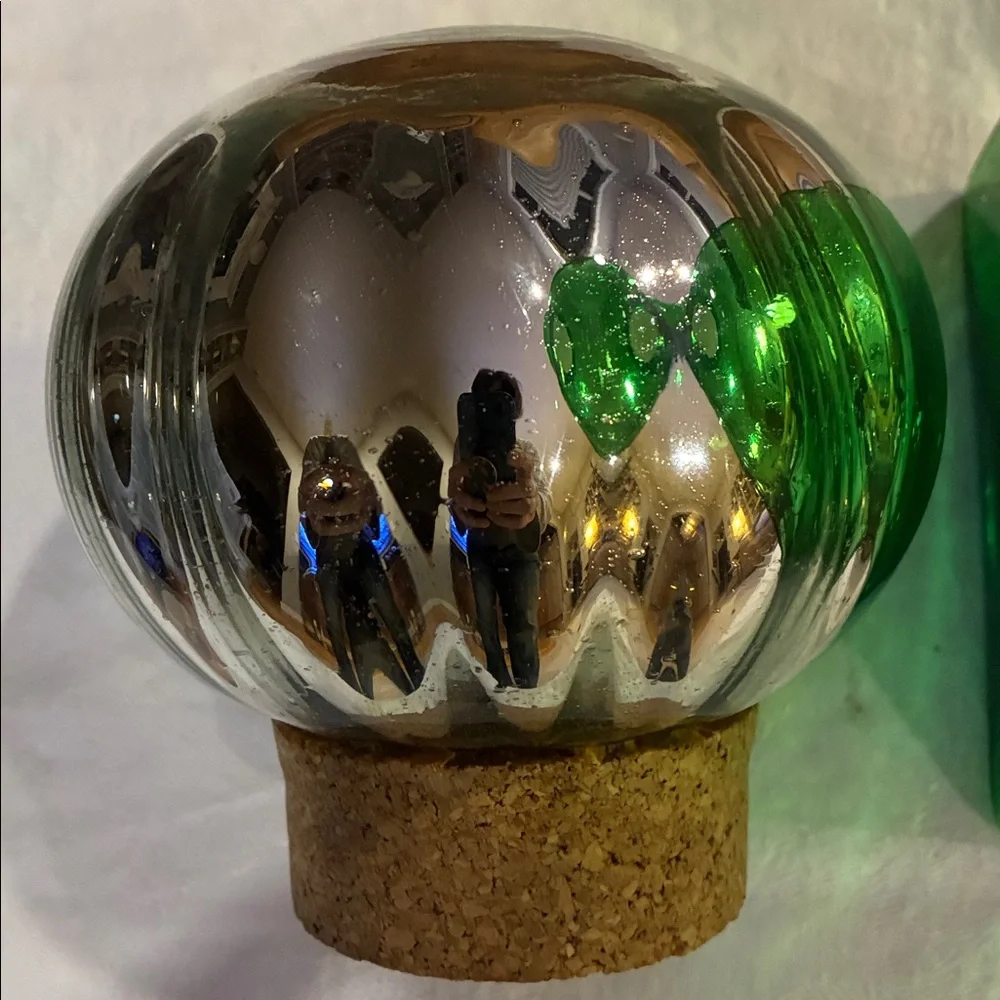 Green Glass Container/VaseHuge NWOT Silver Lid Cork Stopper use for Pantry Pasta